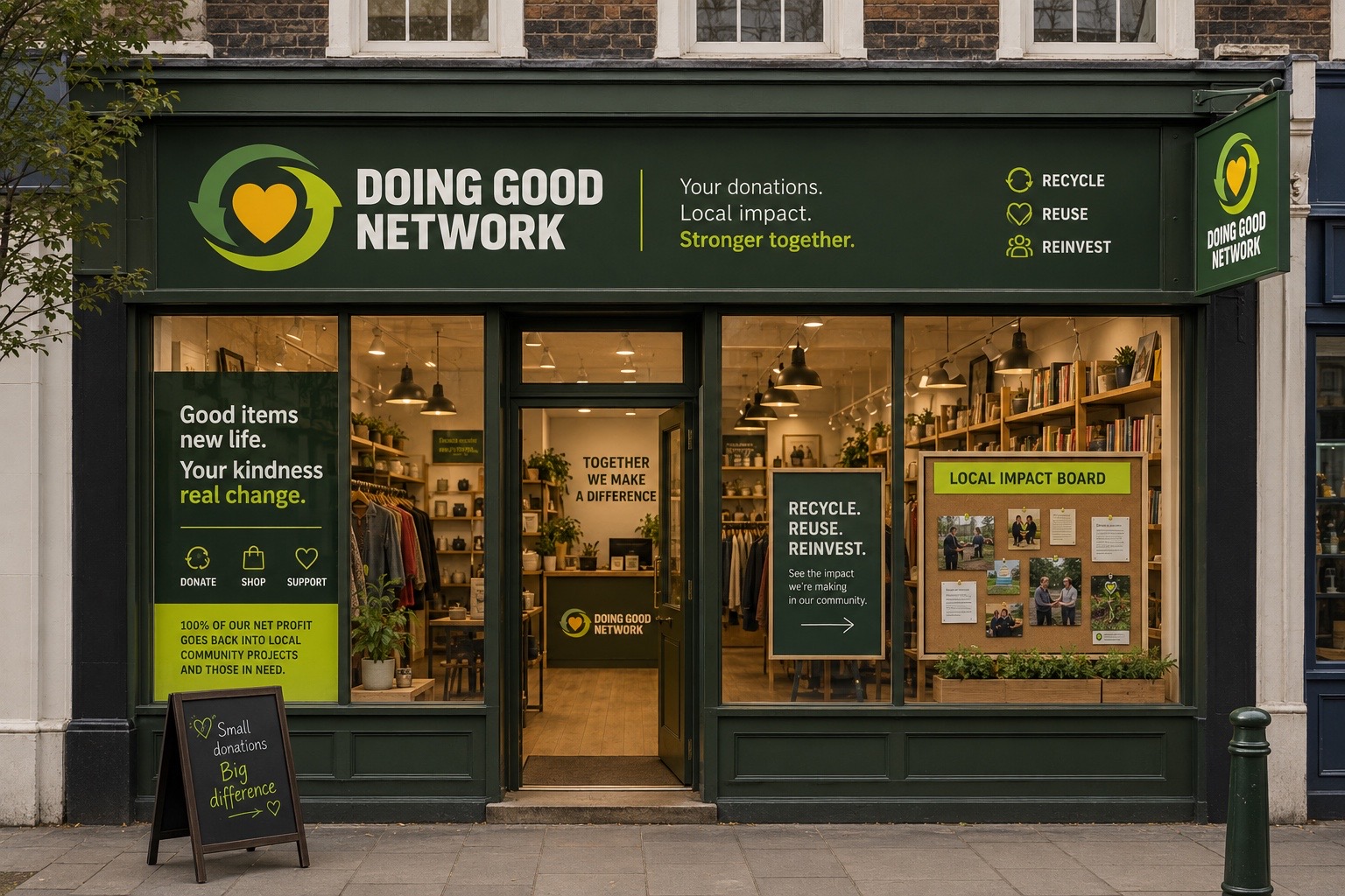 Doing Good Network reuse shop storefront in Richmond upon Thames, with clothing racks, books and plants in the window